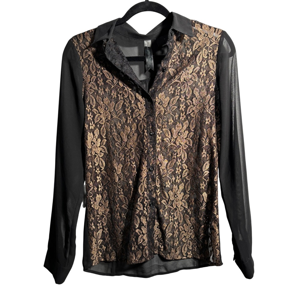 Black Gold Sheer Lace Button Up Top Floral Whimsigoth Womens S Dark Academia